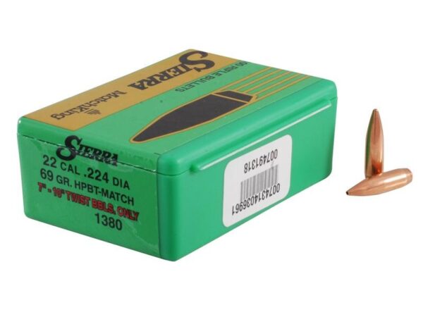 Sierra Bullets .22 Caliber (.224 Diameter) 69 Gr. MatchKing Hollow Point Boat Tail- Box of 100- 1380