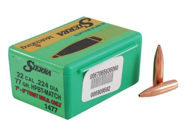 Sierra Bullets .22 Caliber (.224 Diameter) 77 Gr. MatchKing Hollow Point Boat Tail- Box of 50- 9377T