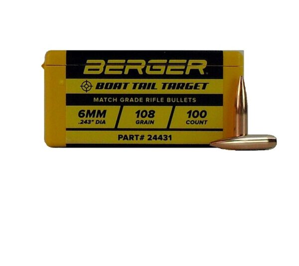 Berger Bullets .243 Caliber, 6mm (243 Diameter) 108 Gr BT Target Hollow Point Boat Tail- Box of 100