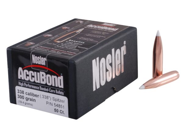 Nosler Bullets .338 Caliber (.338 Diameter) 300 Gr. AccuBond Bonded Spitzer Boat Tail- Box of 50- 54851