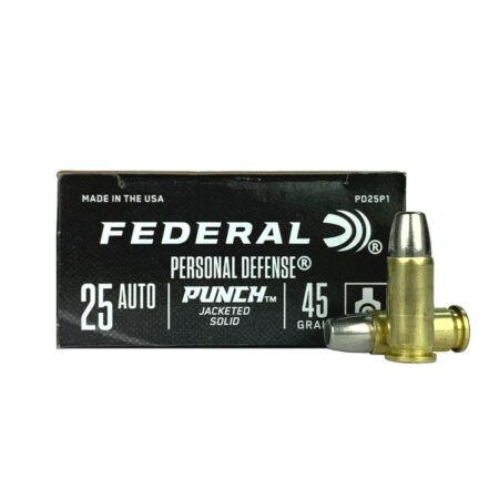 an image of the product Federal Personal Defense .25 Auto 45 Gr. Punch Jacketed Solid- Box of 20 - PD25P1