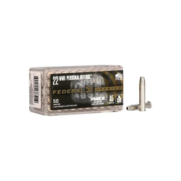 an image of the product Federal Premium Punch Personal Defense .22 Winchester Magnum Rimfire 45 Gr. Jacketed Hollow Point- Box of 50 - PD22WMR1