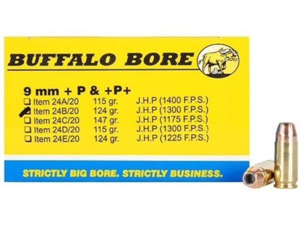 Buffalo Bore 9mm Luger +P+ 124 Gr. Jacketed Hollow Point- Box of 20