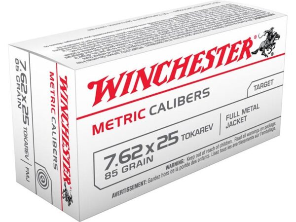 an image of the product Winchester USA 7.62x25mm Tokarev 85 Gr. Full Metal Jacket- Box of 50 - MC762TOK