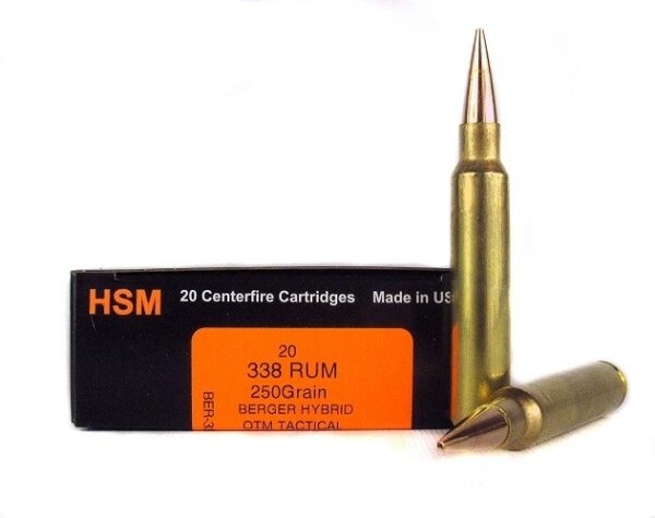 HSM Factory Blemish Trophy Gold .338 Remington Ultra Magnum 250 Gr. Berger Hybrid OTM Tactical- Box of 20