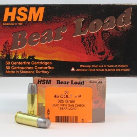 an image of a box of HSM "Bear Load" Factory Blemish .45 Long Colt +P 325 Gr. Lead WFN Gas Check
