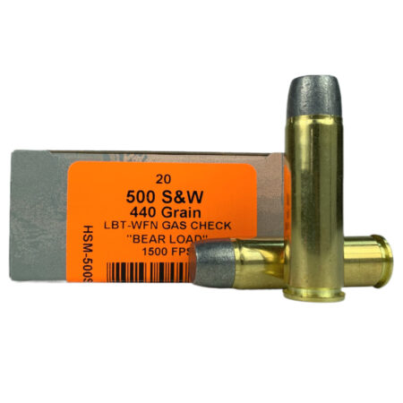 an image of the product HSM .500 S&W 440 Gr. Lead Wide Flat Nose Gas Check "Bear Load"- Box of 20 - 500SW-6-N