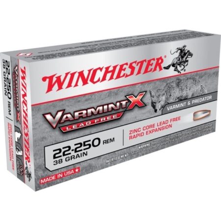 an image of the product Winchester Varmint-X .22-250 Remington 38 Gr. Rapid Expansion Zinc Core Hollow Point- Lead Free- Box of 20 - X22250PLF
