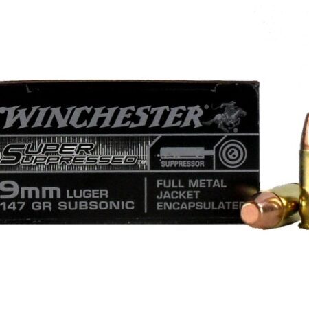 an image of the product Winchester Super Suppressed 9mm Luger 147 Gr. Encapsulated Full Metal Jacket- Box of 50 - SUP9