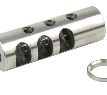an image of the product AR10 .308 Full Size Muzzle Brake 5/8"x24 Thread with Crush Washer- Stainless Steel - MZ1003-3SS