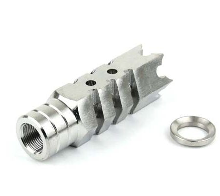 an image of the product AR10 .308 Shark Muzzle Brake 5/8"x24 Thread with Crush Washer- Stainless Steel - MZ1004-3SS