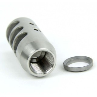 an image of the product AR10 .308 Compact Style Muzzle Brake 5/8"x24 Thread with Crush Washer- Stainless Steel Silver - MZ1002-3SS-N
