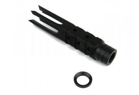 an image of the product AR15 .223/.556 Spike Style Muzzle Brake 1/2"x28 Thread with Crush Washer- Steel Black - MZ1012