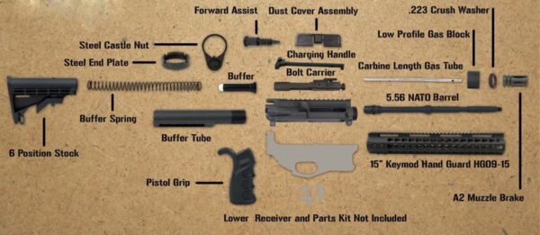 an image of the product AR15 Rifle Kit without Lower Parts Kit .223 Wylde 1 in 7" Twist 16" Barrel with 15" Free Float KeyMod Handguard - RK556