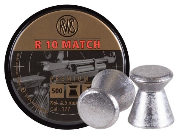 an image of the product RWS R 10 Match Premium Line .177 Caliber/4.5mm Flat-Nose Lead Pellets- Tin of 500 - 2315014