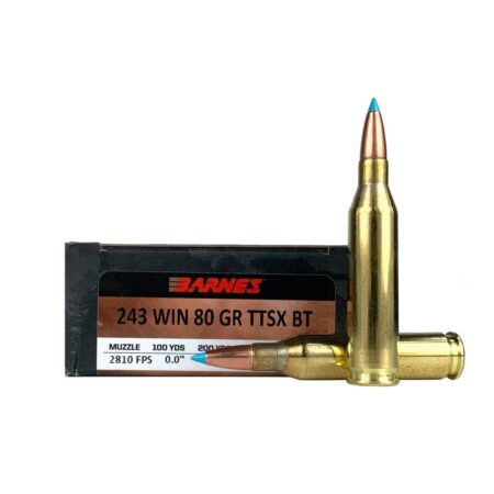 an image of the product Barnes VOR-TX Reduced Recoil .243 Winchester 80 Gr. Tipped TSX Boat Tail- Lead-Free- Box of 20 - 32234