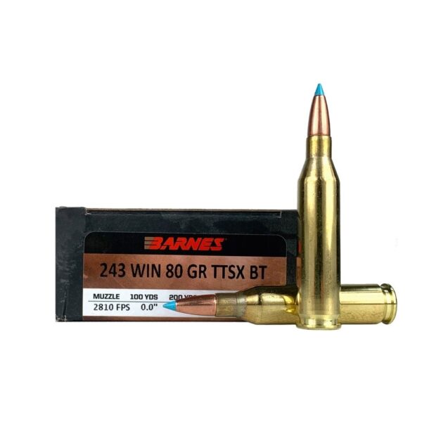 an image of the product Barnes VOR-TX Reduced Recoil .243 Winchester 80 Gr. Tipped TSX Boat Tail- Lead-Free- Box of 20 - 32234