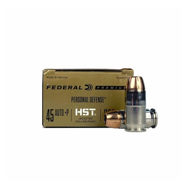 an image of the product Federal Premium Personal Defense .45 ACP +P 230 Gr. HST Jacketed Hollow Point- Box of 20 - P45HST1S