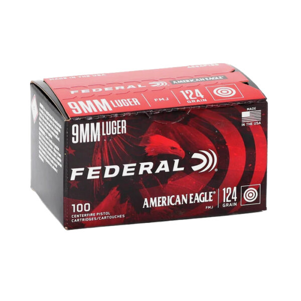 an image of the product Federal American Eagle 9mm Luger 124 Gr. FMJ- Box of 100- AE9AP100