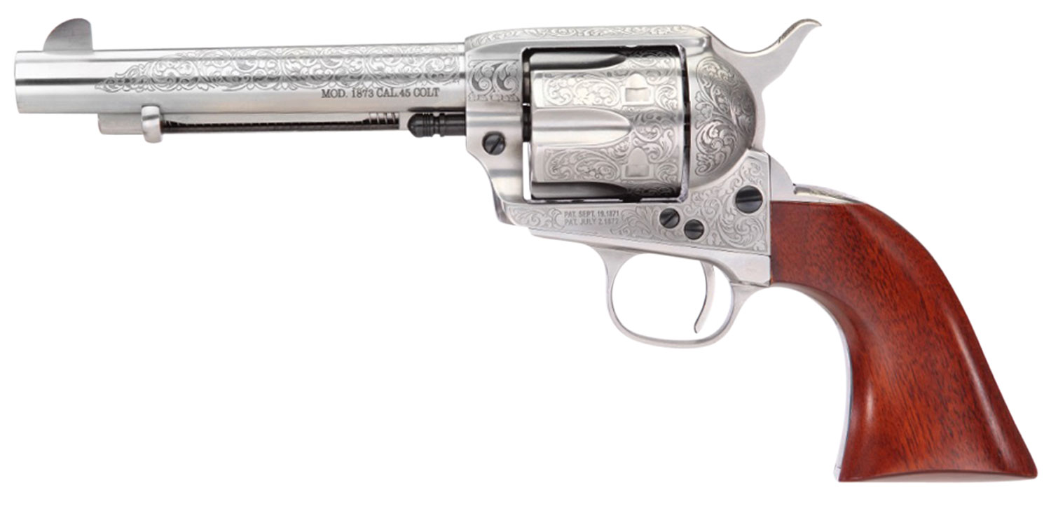 Taylors & Company 550929 1873 Cattleman 357 Mag Caliber with 5.50" Barrel, 6rd Capacity Cylinder, Overall White Floral Engraved Finish Steel & Walnut Grip