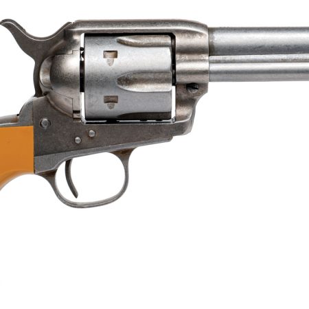 Cimarron RS410 Hollywood Series Rooster Shooter 45 Colt (LC) 6 Shot, 4.75" Trail Worn Blued Steel Barrel, Cylinder & Frame, Wide Front Sight, Aged-Looking Orange Finger Grooved Grip