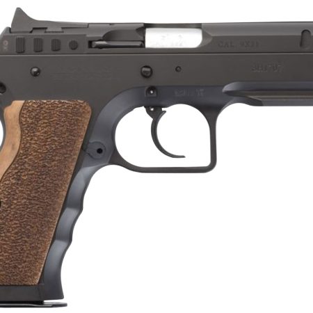Tanfoglio IFG TFSTOCKI9 Defiant Stock I 9mm Luger Caliber with 4.50" Barrel, 16+1 Capacity, Overall Black Finish Steel, Picatinny Rail/Beavertail Frame, Serrated Slide & Wood Grip