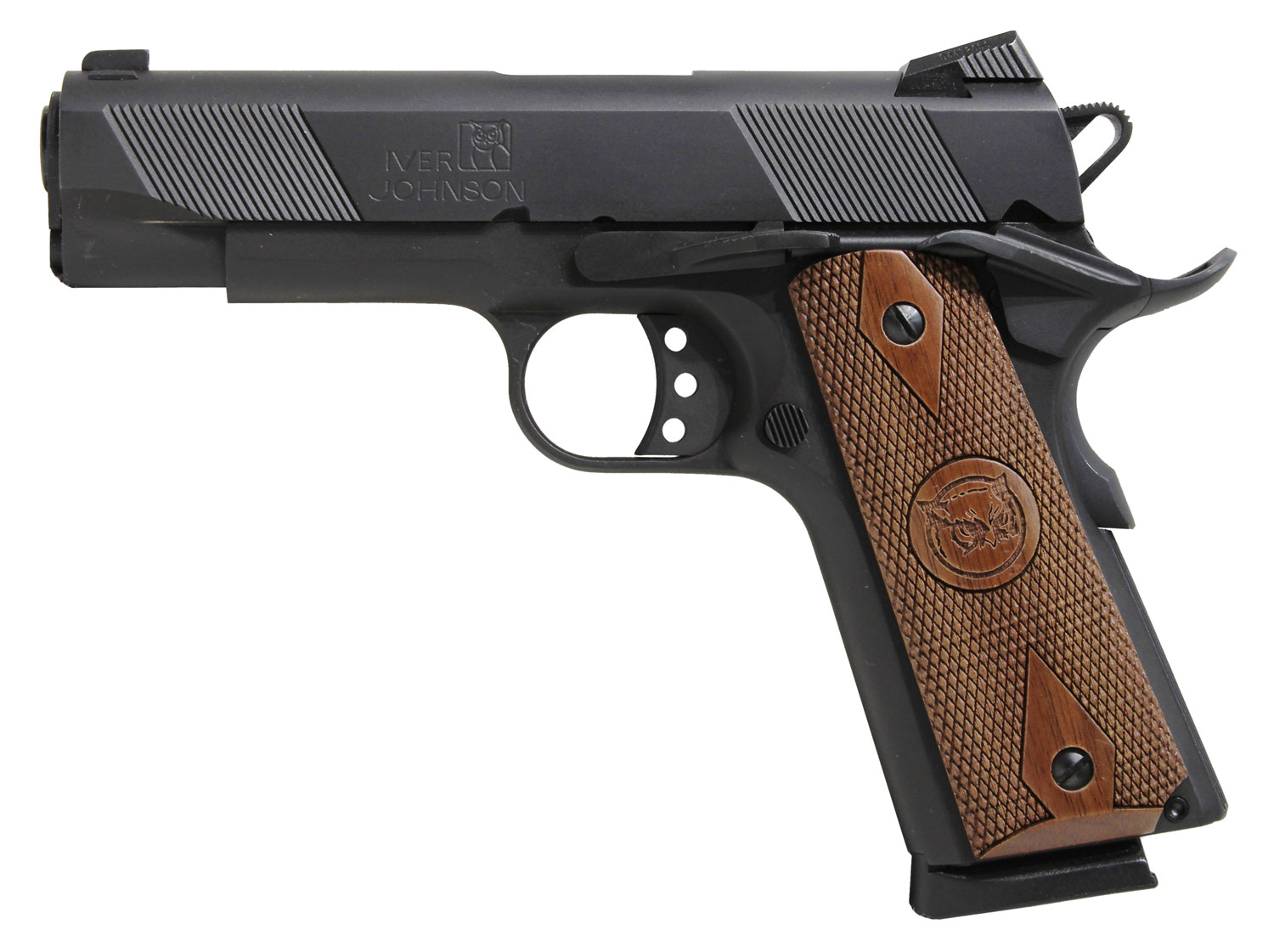 Iver Johnson Arms HAWK Hawk Commander 45 ACP 8+1 4.25" Black Steel Barrel, Matte Black Serrated Steel Slide & Frame w/Beavertail. Checkered Double Diamond Walnut Grip