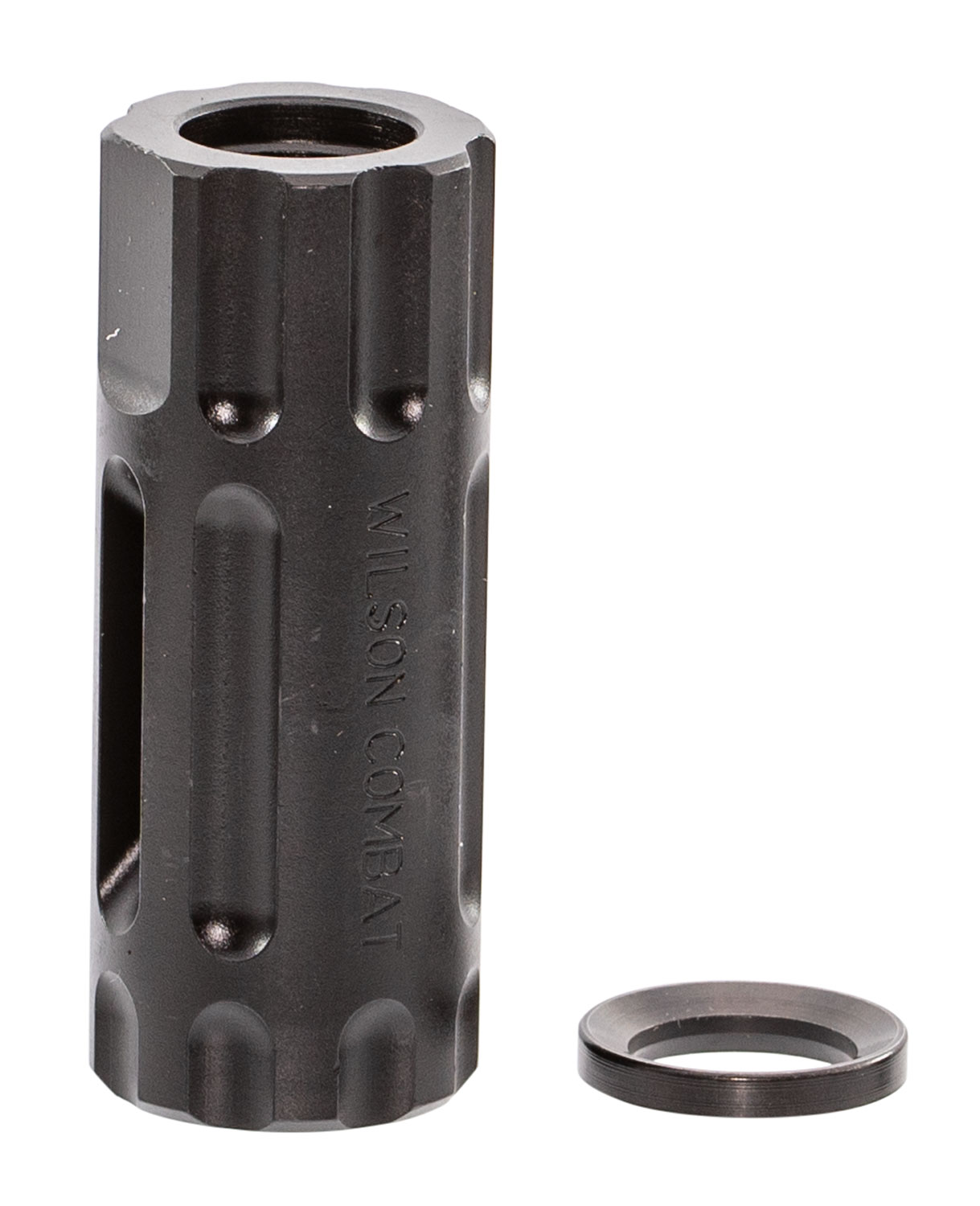 Wilson Combat TRQCOMP1/2X28 Q-Comp Muzzle Brake Black Melonite QPQ Steel with 1/2"-28 tpi Threads, 2.20" OAL & .875" Diameter for 5.56x45mm NATO AR-Platform