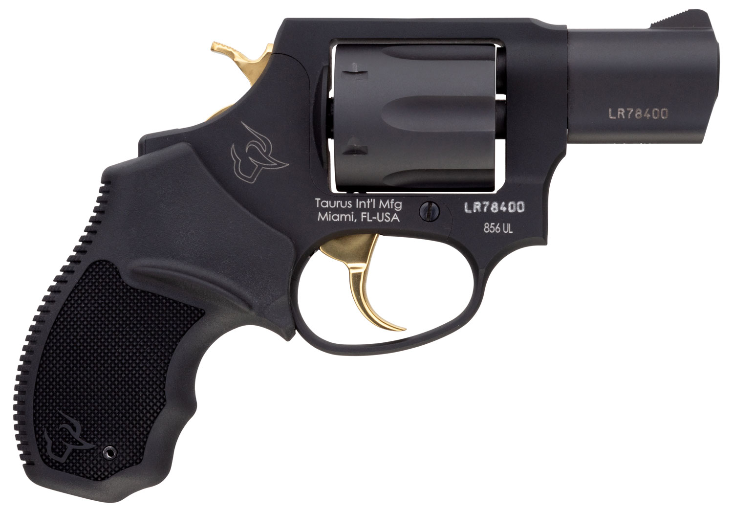 Taurus 2-856021ULGLD 856 Ultra-Lite 38 Special Caliber with 2" Barrel, 6rd Capacity Cylinder, Overall Matte Black Metal Finish, Gold Trigger/Hammer Frame & Finger Grooved Black Rubber Grip
