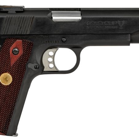 Colt Mfg O5873A1 1911 Gold Cup 38 Super Caliber with 5" National Match Barrel, 9+1 Capacity, Overall Blued Finish Steel, Serrated Slide & Double Diamond Checkered Rosewood Grip
