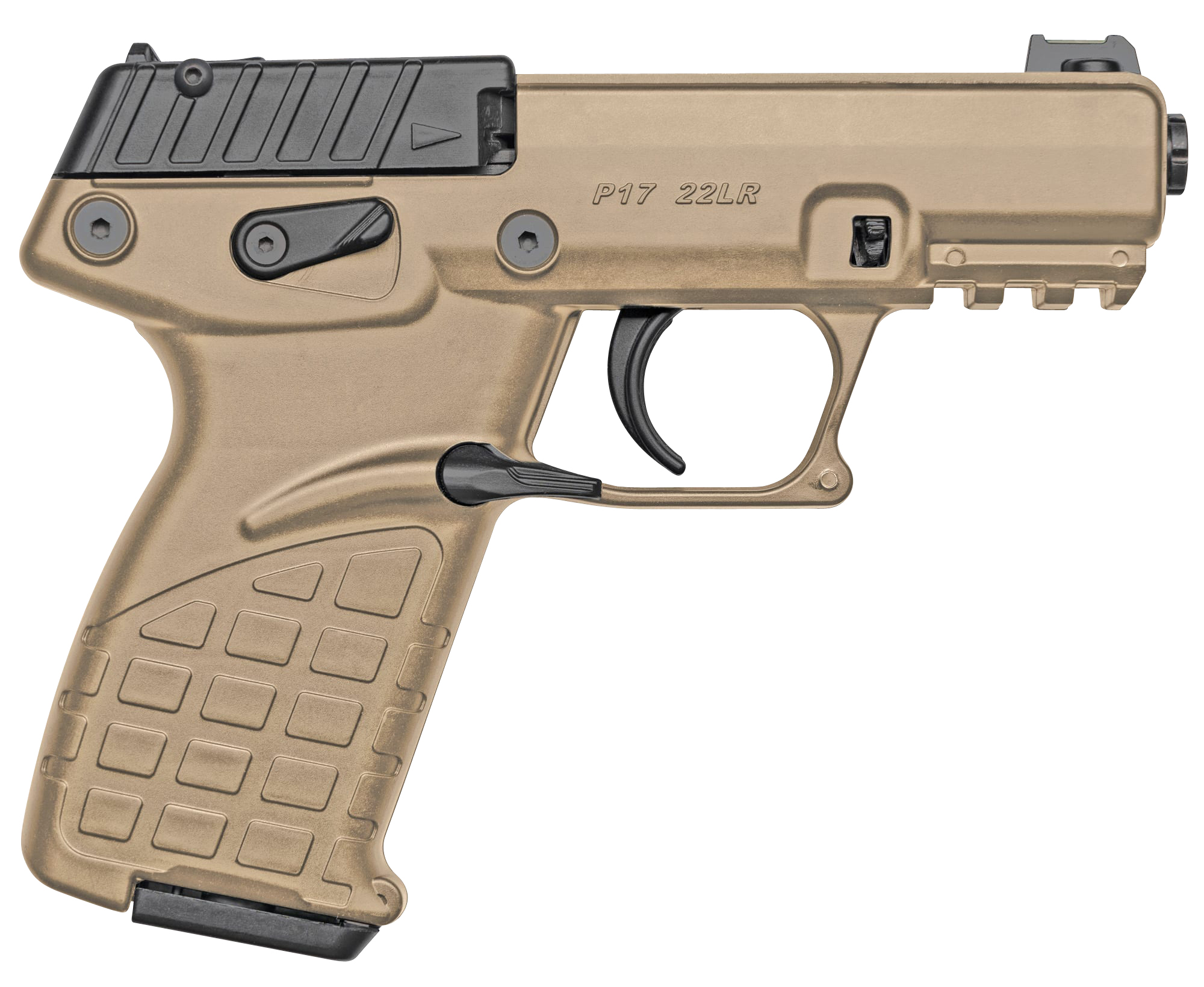 Kel-Tec P17TAN P17 Compact Frame 22 LR 16+1 3.80" Black Steel Threaded Barrel, Tan Serrated Slide, Tan w/Black Controls Polymer Frame w/Picatinny Rail, Textured Grip, Ambidextrous