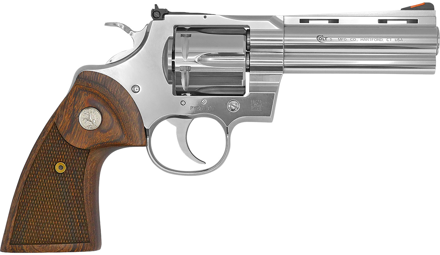 Colt Mfg PYTHONSP4WTS Python 38 Special/357 Mag 6 Shot 4.25" Stainless Vent Recessed Target/Vent Rib Barrel, Cylinder & Frame, Walnut w/Colt Medallion Grip