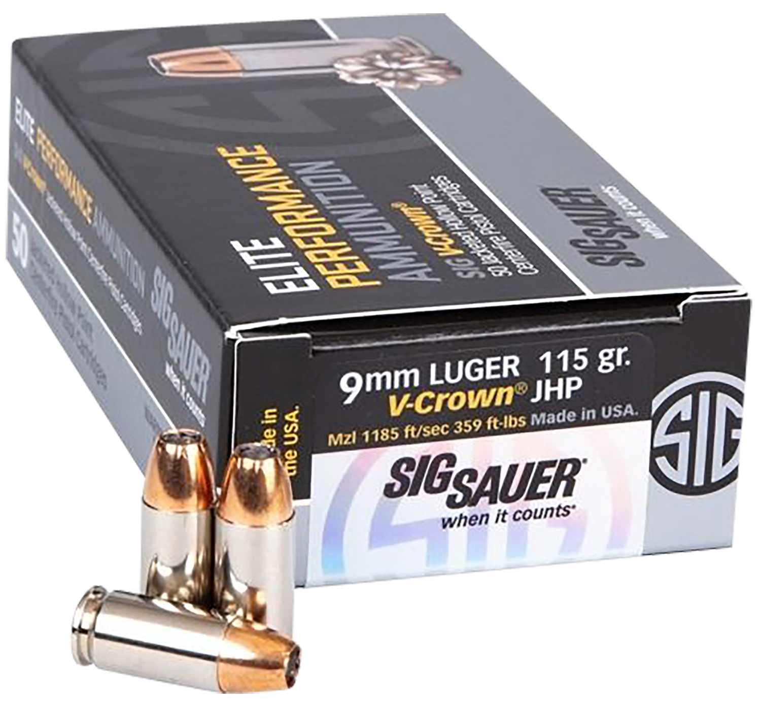 Sig Sauer E9MMA1COMP50 Match Elite Competition 9mmLuger 115gr V-Crown Jacketed Hollow Point 50 Per Box/20 Case