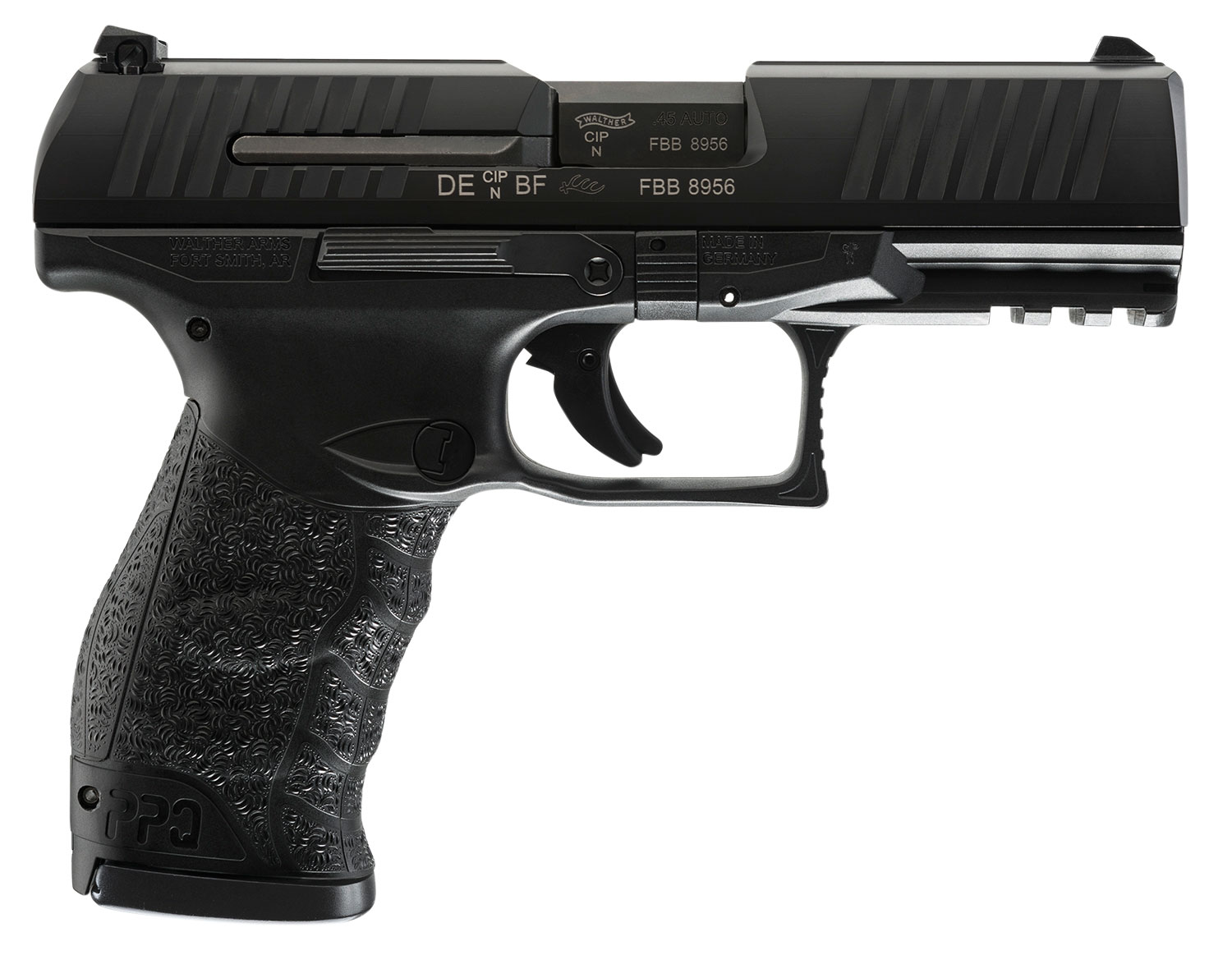 Walther Arms 2807076 PPQ M2 45 ACP 12+1 4.25" Black Steel Barrel, Matte Black Tenifer Serrated Steel Slide, Black Polymer Frame w/Picatinny Rail, Black Finger Grooved Grip, 3 Auto Safety