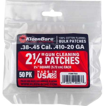 KleenBore P203 Super Shooter  .38/ .45 Cal 20/.410 Gauge 2.25" 100% Cotton Flannel 50 Per Pack