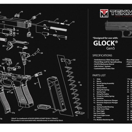 TekMat TEKR17GLOCKG5 Glock Gen5 Cleaning Mat Black/White Rubber 11"x17" Glock Gen5 Parts Diagram