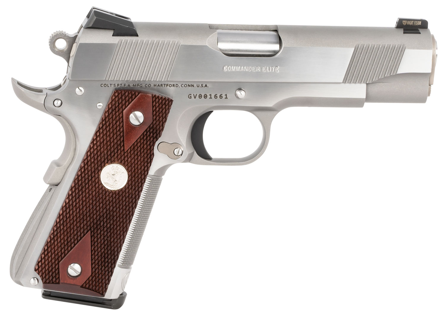 Colt Mfg O4012XSZ Combat Elite Commander 1911 45 ACP 8+1 4.25" Stainless National Match Barrel, Brushed Stainless Serrated Slide & Frame w/Beavertail, Double Diamond Checkered Wood Grip, Ambidextrous