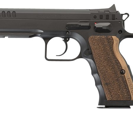 Tanfoglio IFG TFSTOCKI9SF Defiant Stock I 9mm Luger Caliber with 4.50" Barrel, 16+1 Capacity, Overall Black Finish Steel, Picatinny Rail/Beavertail Short Frame, Serrated Slide & Wood Grip
