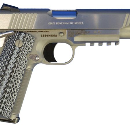 Colt Mfg O1070RGZ 1911 Government 45 ACP 7+1, 5" Stainless National Match Barrel, Serrated Slide &  Frame w/Picatinny Rail, Double Diamond Checkered Wood Grip