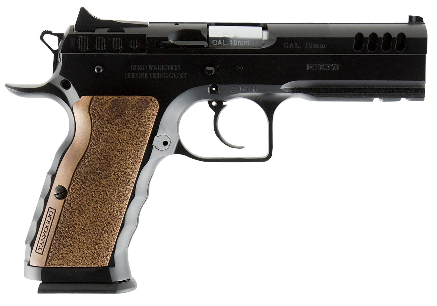 Tanfoglio IFG TFSTOCKI40SF Defiant Stock I 40 S&W Caliber with 4.50" Barrel, 12+1 Capacity, Overall Black Finish Steel, Picatinny Rail/Beavertail Short Frame, Serrated Slide & Wood Grip