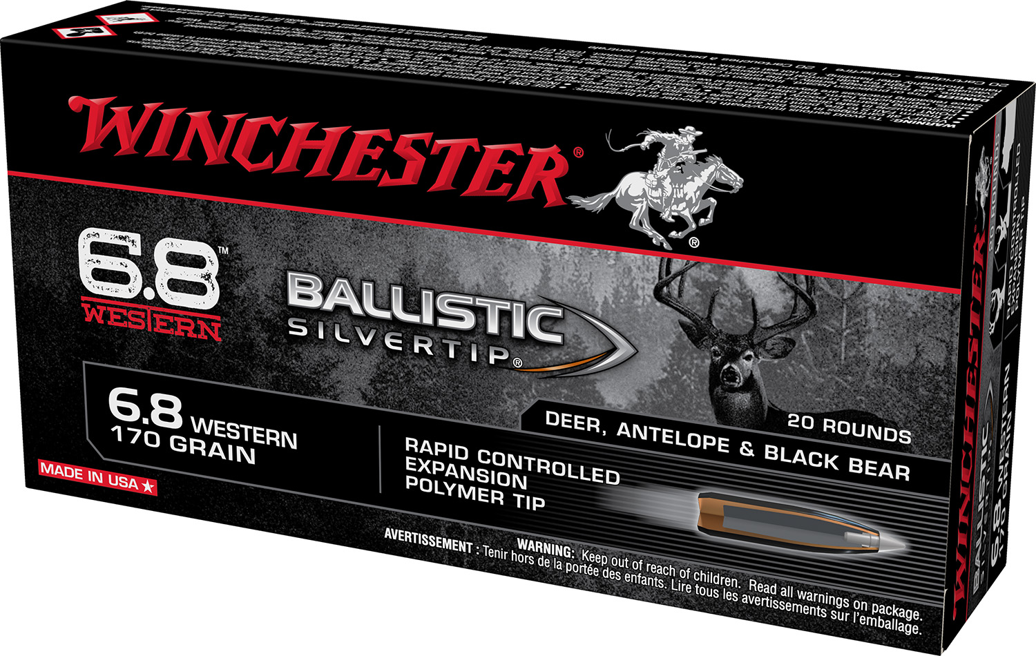 Winchester Ammo SBST68W Ballistic Silvertip 6.8Western 170gr Rapid Controlled Expansion Polymer Tip 20 Per Box/10 Case