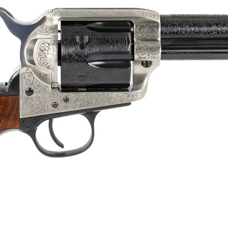Taylors & Company 550924 1873 Cattleman 357 Mag Caliber with 4.75" Blued Floral Engraved Finish Barrel, 6rd Capacity Blued Finish Cylinder, Coin Photo Engraved Finish Steel Frame & Walnut Grip