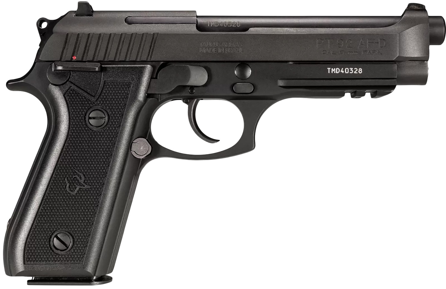 Taurus 1-920151-17 92 Full Size Frame 9mm Luger 17+1 5" Matte Black Stainless Steel Barrel, Serrated Steel Slide, Black Anodized Aluminum Frame w/Picatinny Rail, Black Rubber Grip, Right Hand