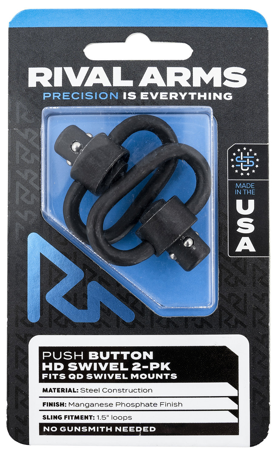 Rival Arms RA-RA92S1A HD Swivel Set Black Manganese Phosphate Steel with 1.5" Loops & Push Button