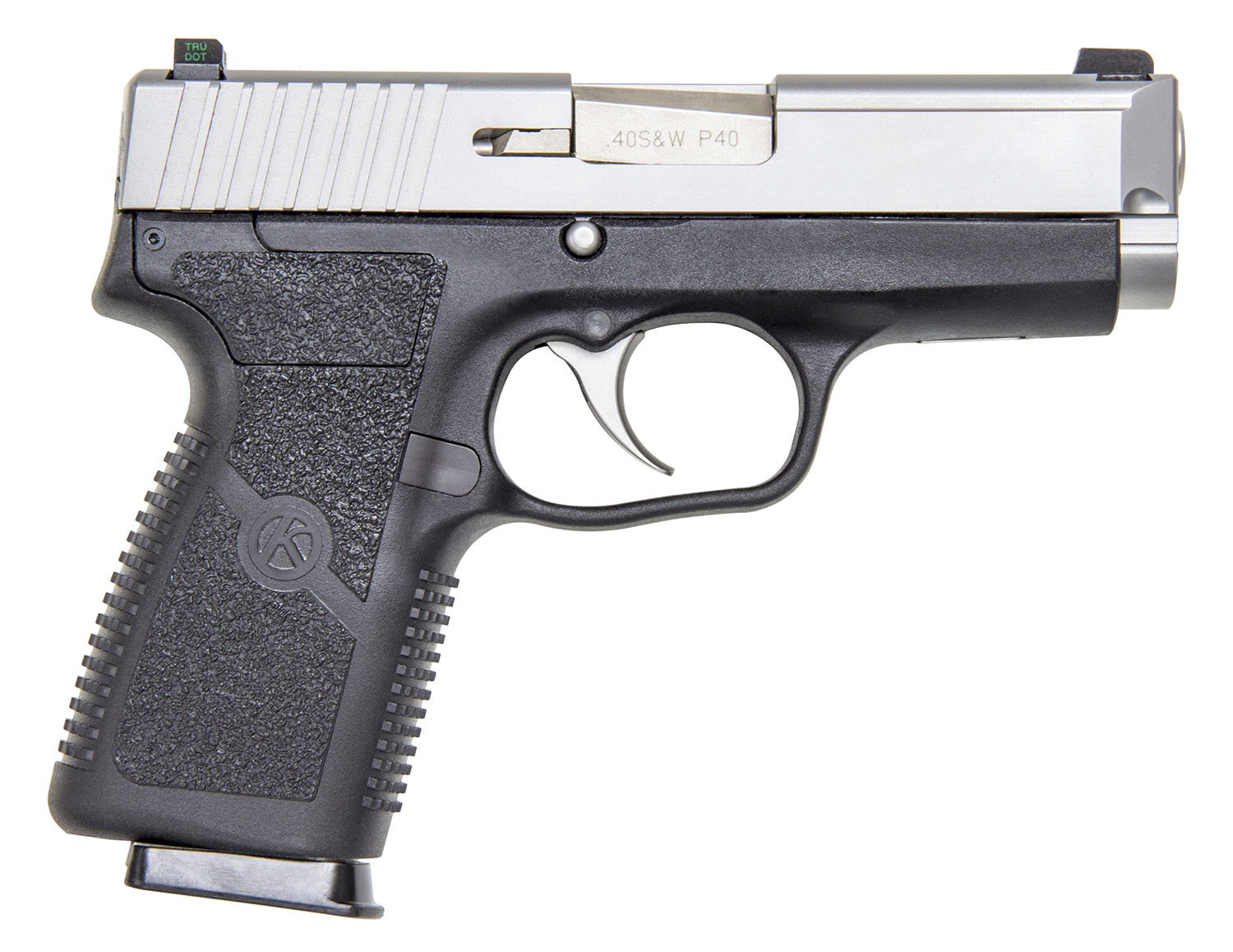 Kahr Arms KP4043NA P 40 S&W Caliber with 3.60" Barrel, 7+1 Capacity, Black Finish Frame, Serrated Matte Stainless Steel Slide, Textured Polymer Grip & TruGlo Night Sights
