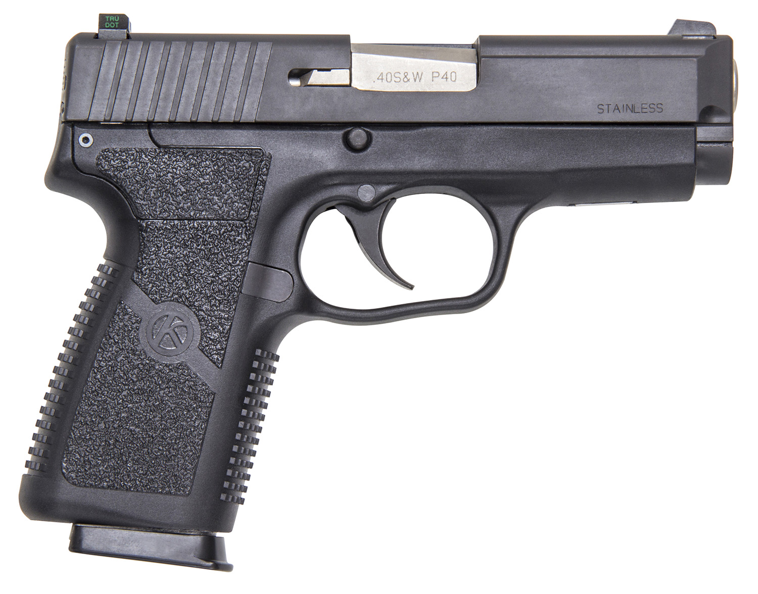 Kahr Arms KP4044NA P 40 S&W Caliber with 3.60" Barrel, 6+1 or 7+1 Capacity, Black Finish Frame, Serrated Matte Black Stainless Steel Slide, Textured Polymer Grip & TruGlo Night Sight