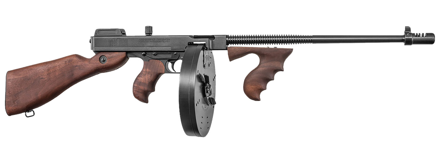 Thompson T1100D 1927A-1 Deluxe Carbine 45 ACP Caliber with 18" Barrel, 20+1 Capacity (Stick), 100+1 Capacity (Drum), Blued Metal Finish, American Walnut Stock Wood Grip Right Hand