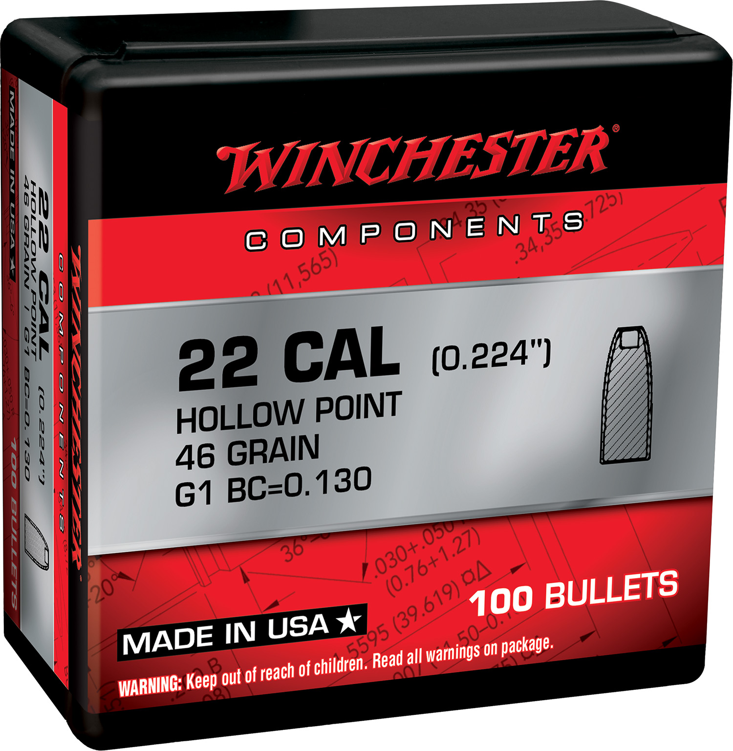 Winchester Ammo WB22HP46X Reloading Bullets 22Hornet 46gr Hollow Point 100 Per Box/10 Case