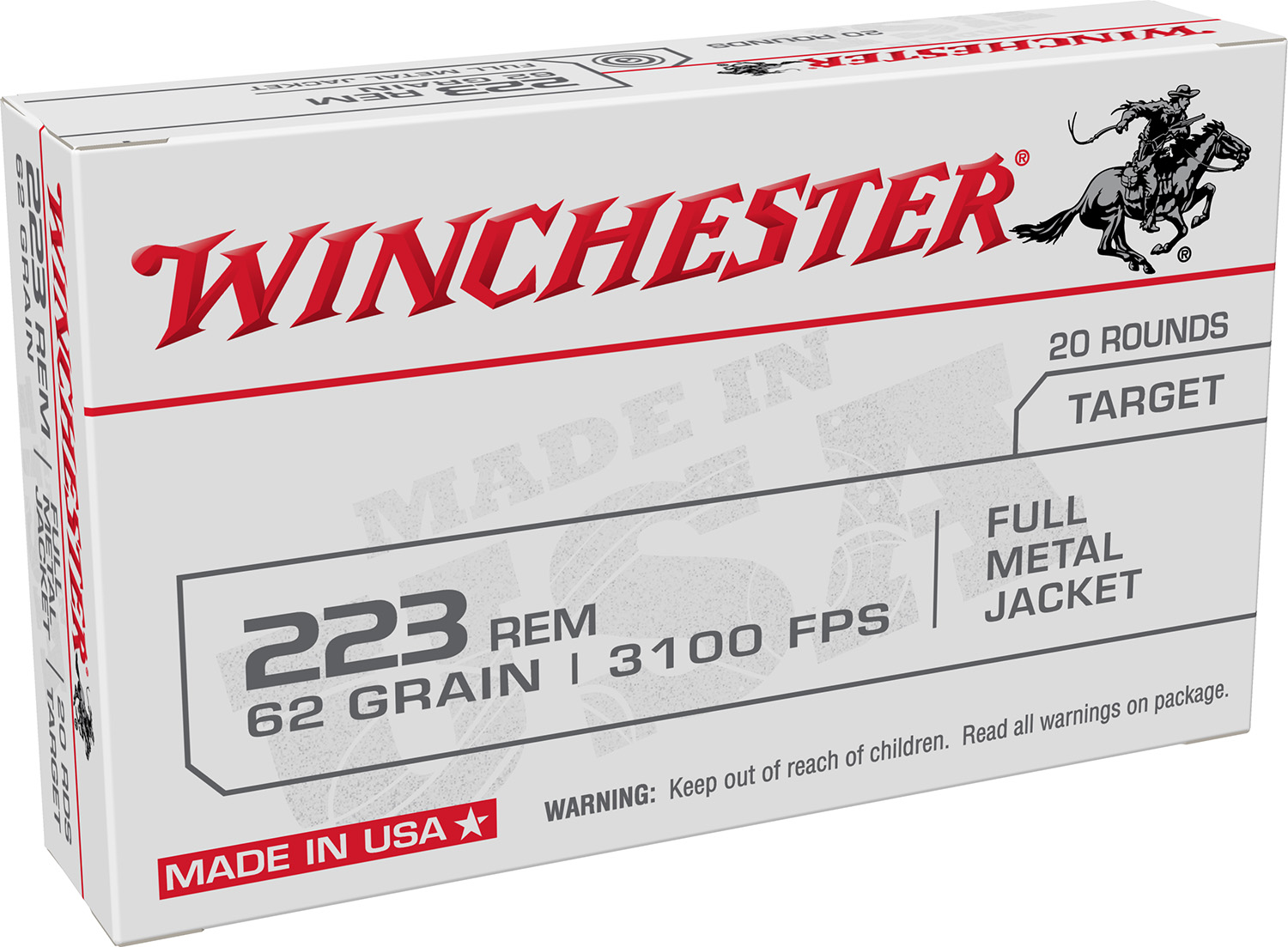 Winchester Ammo W223FMJ62 USA 223Rem 62gr Full Metal Jacket 20 Per Box/50 Case