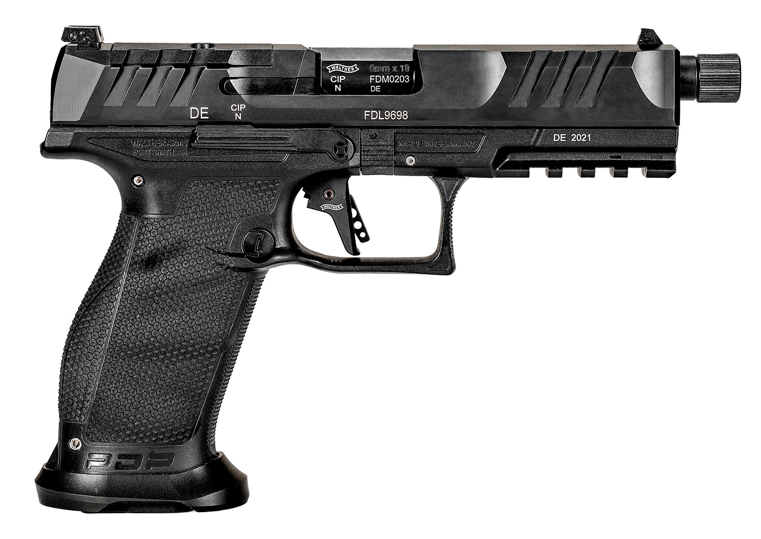 Walther Arms 2842521 PDP Pro SD 9mm Luger 18+1 5.10" Threaded Barrel, Black, Optic Cut/Serrated Slide, Polymer Frame with Pic. Rail, Performance Duty Grip, Flared Magwell